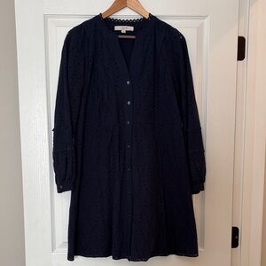 LOFT Navy Eyelet Button-Front Long Sleeve Dress
